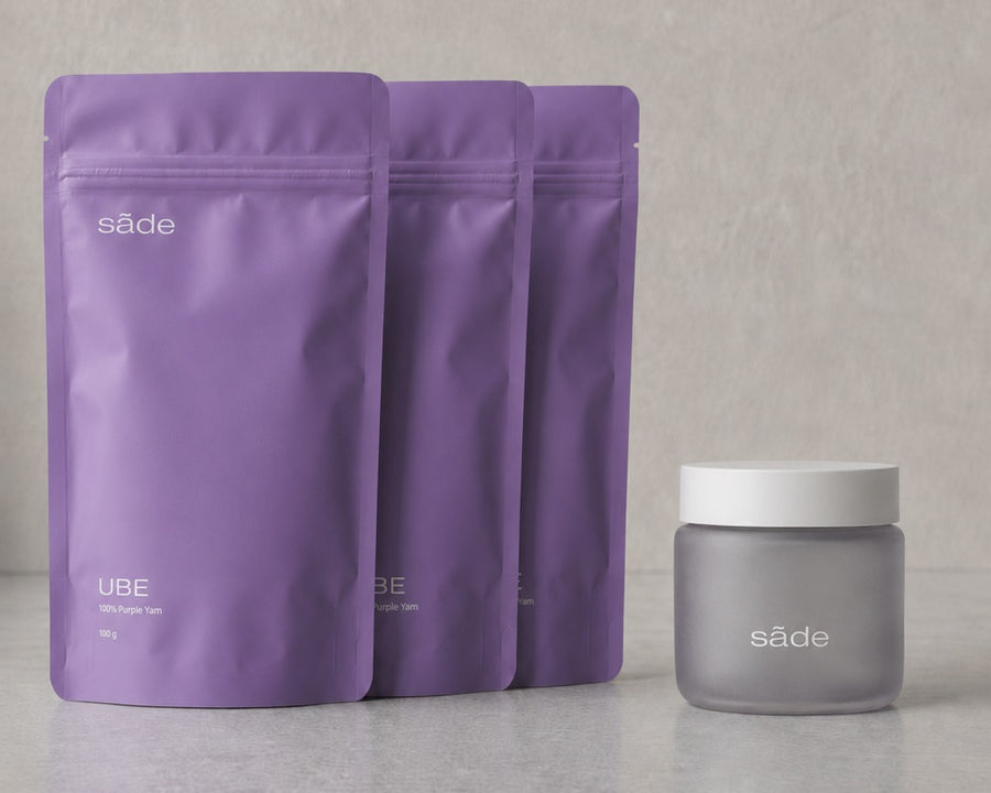 The House Reserve with three 100g sãde ube pouches and complimentary glass jar